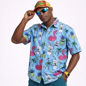 Buc-ees Hawaiian Shirt Mens Medium Blue Flamingo Pineapple Drink Button‎ Up